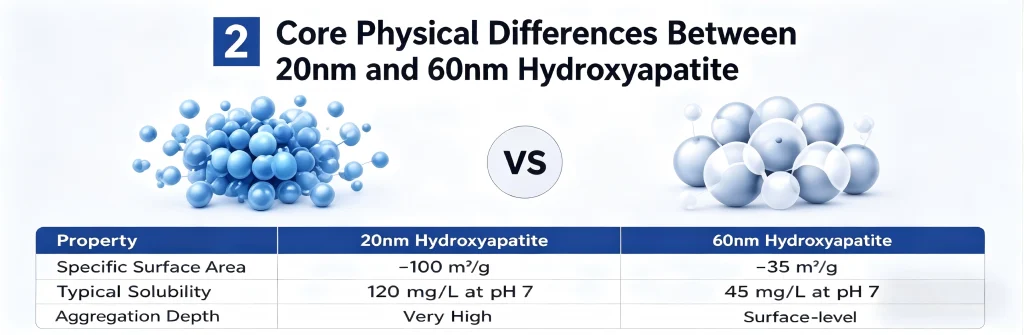 Comparison chart showing physical differences between 20nm and 60nm hydroxyapatite including surface area solubility and penetration depth