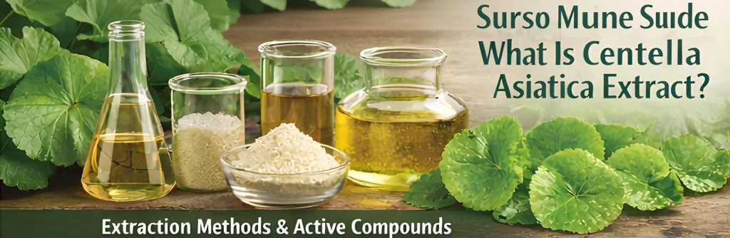 Centella Asiatica extract raw plant and extraction process showing triterpenoids and botanical source
