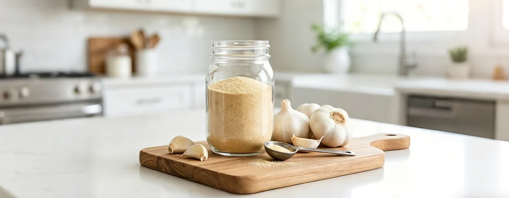 A glass jar of high-quality garlic powder surrounded by fresh garlic bulbs and cloves on a wooden cutting board, illustrating the culinary staple discussed in the article.