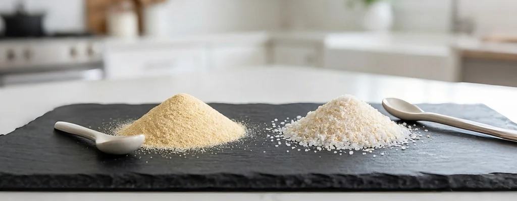 A close-up comparison on a dark slate surface showing the texture difference between fine pure garlic powder (left) and coarse garlic salt (right), which mixes salt crystals.