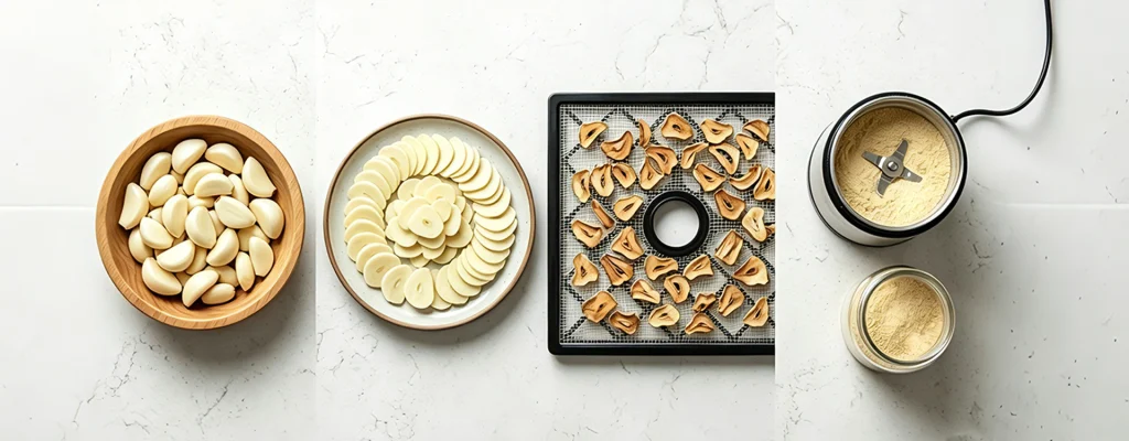 A top-down sequence showing the steps for homemade garlic powder: fresh cloves, thin slices, dried brittle slices on a dehydrator tray, and grinding them in a spice grinder.