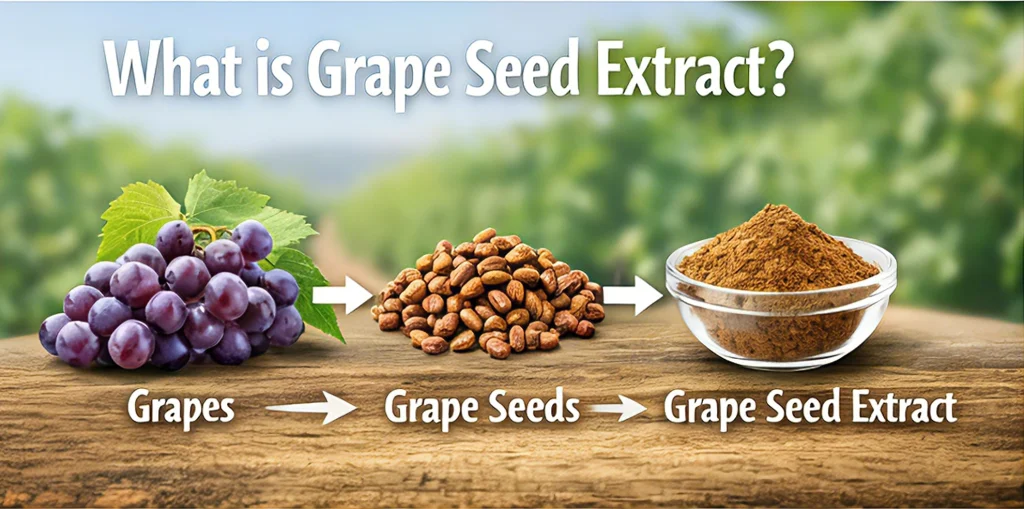 grape seed extract production process from grapes to seeds to powder rich in OPC antioxidants