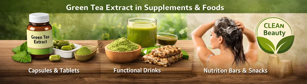 Green tea extract used in dietary supplements, functional drinks, nutrition bars, and healthy snacks