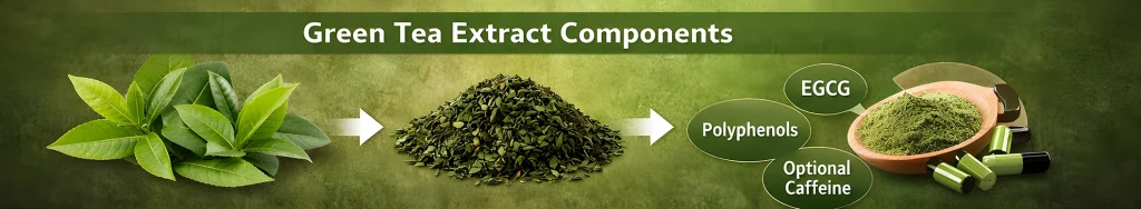 Green tea extract components including EGCG, polyphenols, and optional caffeine for supplements and skincare