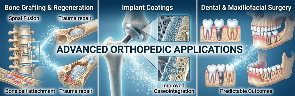 Advanced orthopedic applications of hydroxyapatite in bone graft regeneration, joint implant coating, and dental maxillofacial surgery.