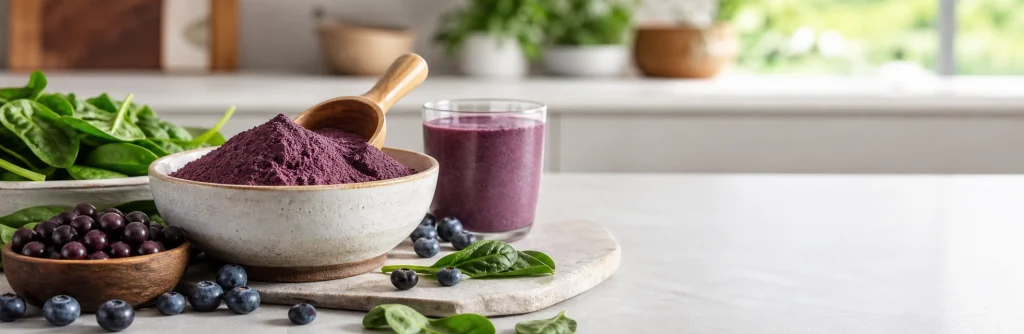Anti-aging superfood powder with blueberries, acai, spinach, and smoothie on a bright kitchen counter