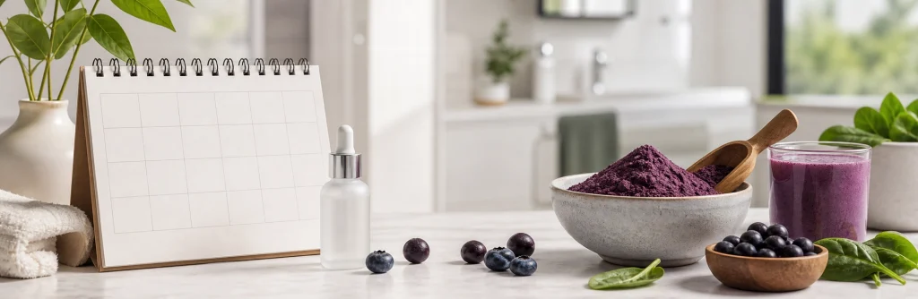 Anti-aging superfood powder results timeline with calendar, skincare bottle, smoothie, and berries