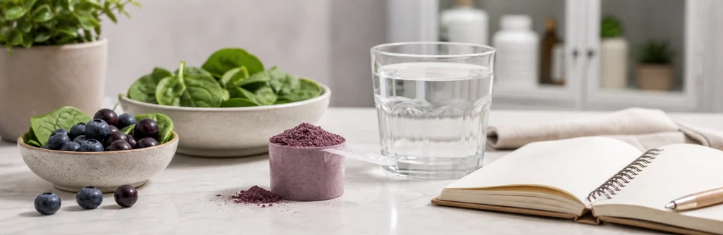 Measured serving of anti-aging superfood powder with water and notebook for safe daily dosage