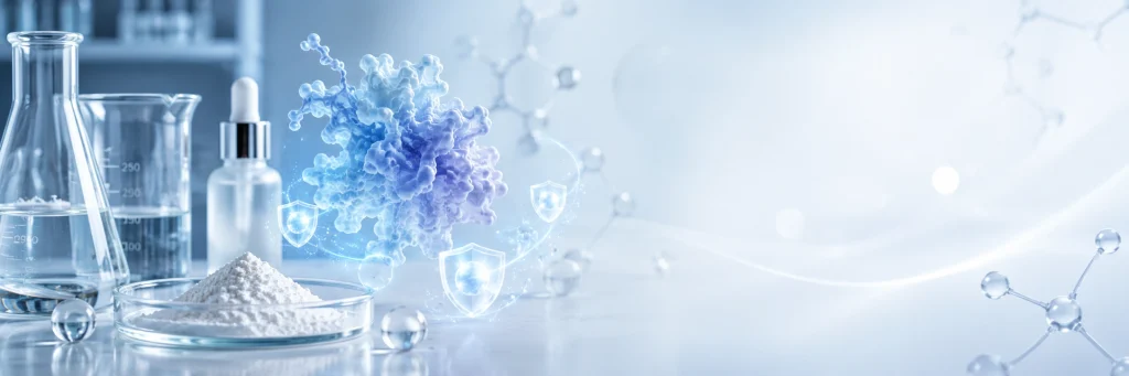 Antioxidant enzyme ingredient supplier with cosmetic raw material powder, lab glassware and molecular enzyme structure