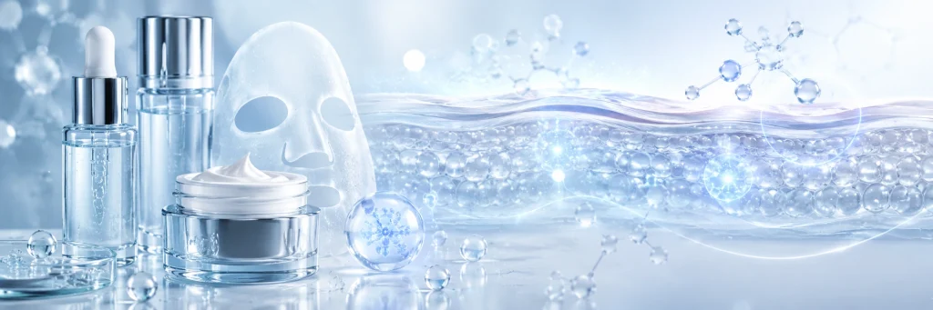 Antioxidant enzyme skincare application concept with serum, cream, mask and skin barrier molecular visualization