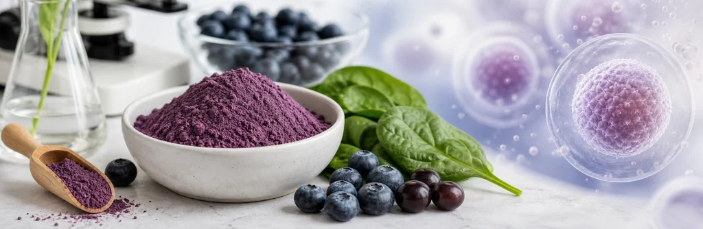 Antioxidant superfood powder with berries and greens illustrating oxidative stress support