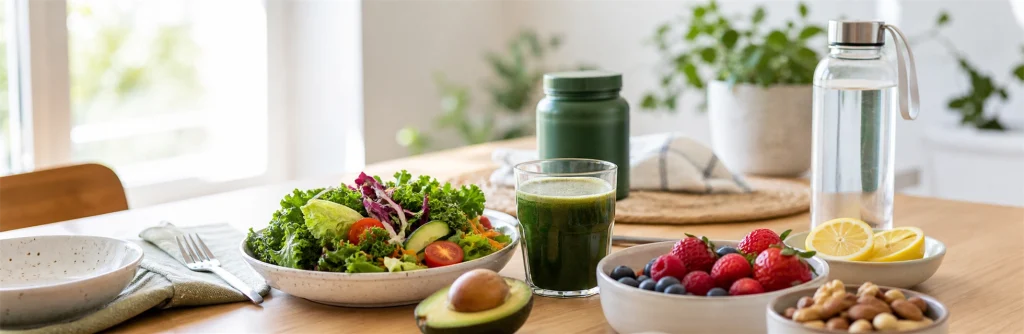 Balanced meal with salad, berries, water, and a green supplement drink