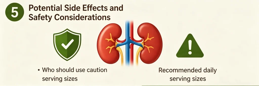Safety considerations and potential side effects of banana powder, highlighting kidney health and recommended daily serving sizes with medical icons.