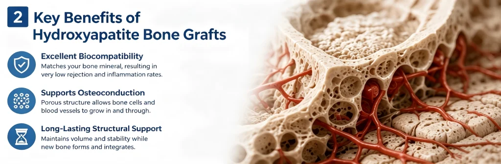 Porous hydroxyapatite bone graft supporting osteoconduction and new bone growth