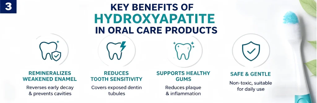 The core benefits of using hydroxyapatite in oral care products include alleviating tooth sensitivity, preventing cavities, and reducing dental plaque.
