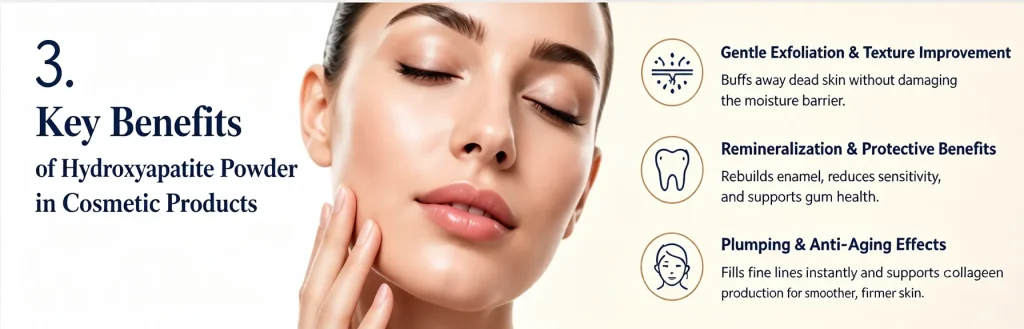 Key benefits of hydroxyapatite in cosmetics including gentle exfoliation, tooth remineralization, and anti-aging effects.