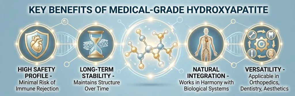 Infographic showcasing key benefits of medical-grade hydroxyapatite: high safety, long-term stability, natural integration, and versatility.