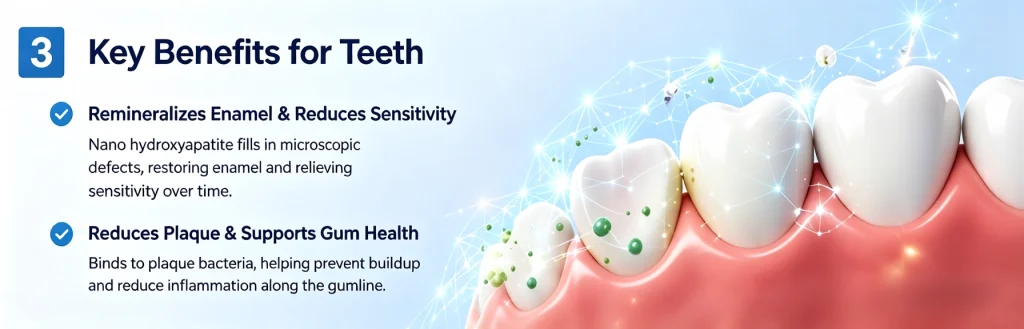 Illustration explaining key benefits of nano hydroxyapatite: remineralizing tooth enamel, reducing sensitivity, and supporting gum health by reducing plaque.