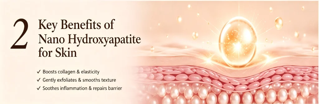 A cross-section diagram illustrating the skincare benefits of nano hydroxyapatite for skin, showing active ingredients penetrating skin layers to boost collagen and repair the barrier.