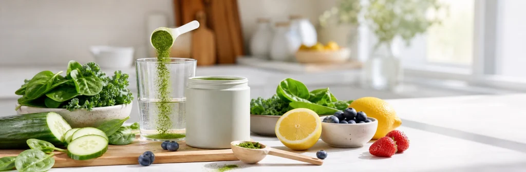 Unbranded greens powder with leafy greens and fruit on a bright kitchen counter