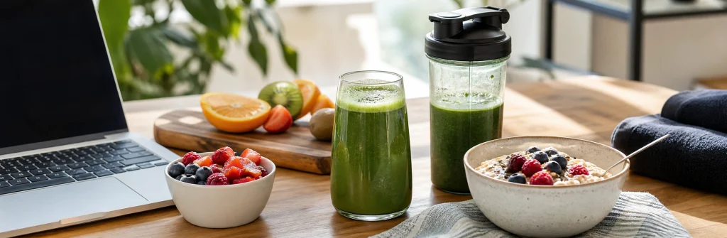 Green smoothie and unbranded greens powder with spinach, mint, lemon, and berries on a kitchen island