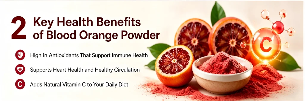 Infographic showing key health benefits of blood orange powder, including antioxidants and vitamin C