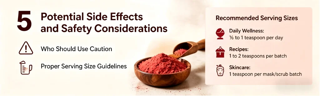 Infographic on blood orange powder safety considerations, serving sizes and potential side effects