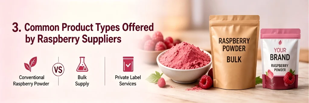 Comparison of product types: bulk raspberry powder in kraft bags and customized private label retail packaging.