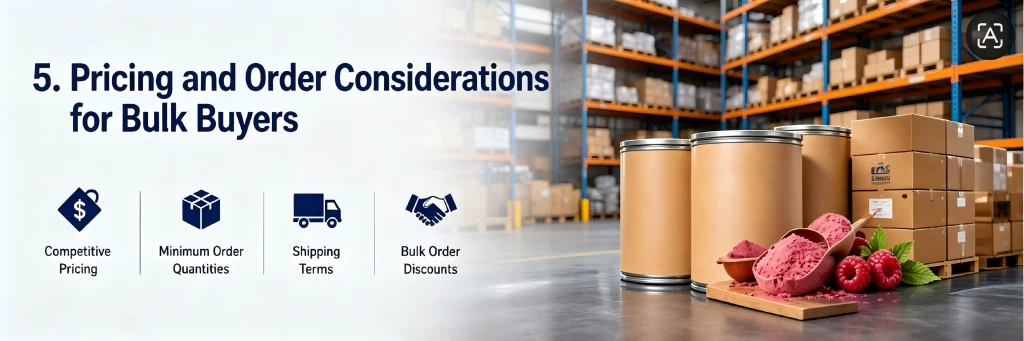 Industrial warehouse with bulk raspberry powder drums and boxes, illustrating pricing and shipping considerations for bulk buyers.