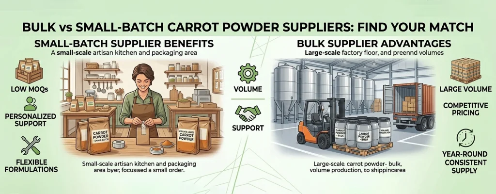 Comparison between bulk carrot powder manufacturers and small-batch suppliers for different business needs.