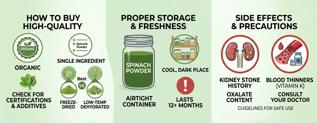 Guide on how to choose organic spinach powder, proper storage tips, and side effect precautions.