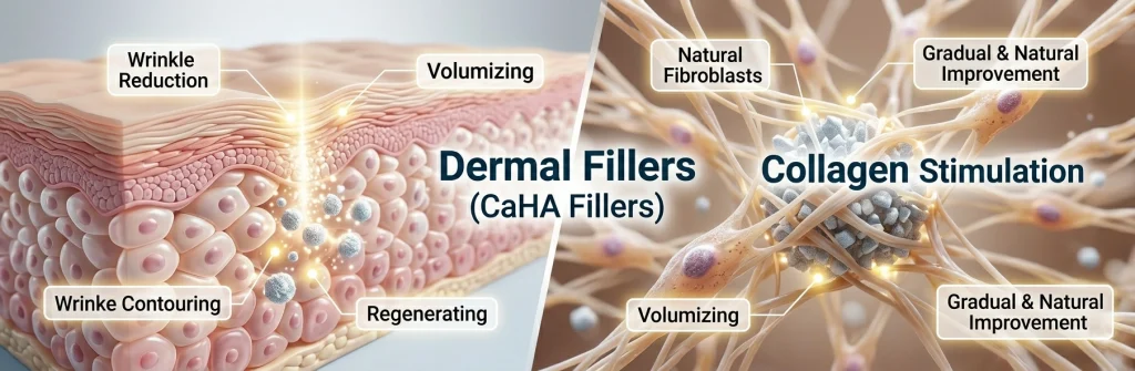 Medical aesthetic applications of calcium hydroxyapatite (CaHA) filler for facial contouring and stimulating collagen regeneration.