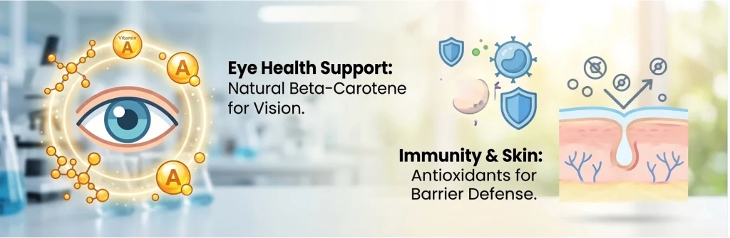 Infographic showing carrot powder benefits for eye health with beta-carotene and skin immunity support.