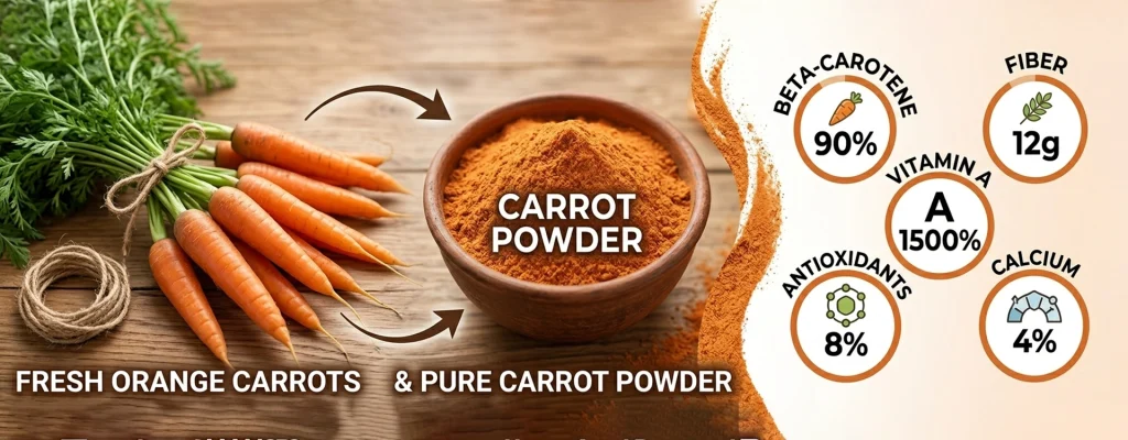 Industrial applications of carrot powder in food manufacturing, supplements, cosmetics, and pet food.
