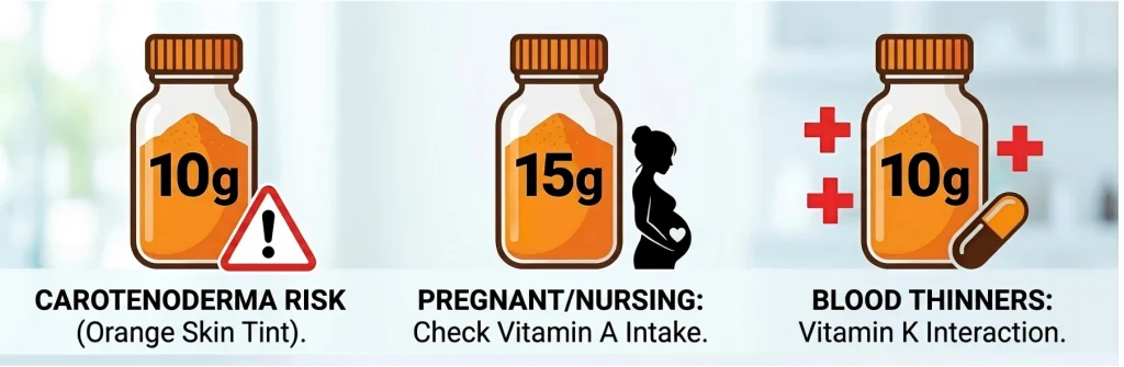 Safety guide for carrot powder dosage showing recommendations for adults, pregnant women, and blood thinner users.
