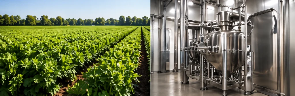 Professional celery farm sourcing and high-tech stainless steel manufacturing facility for vegetable powder production.