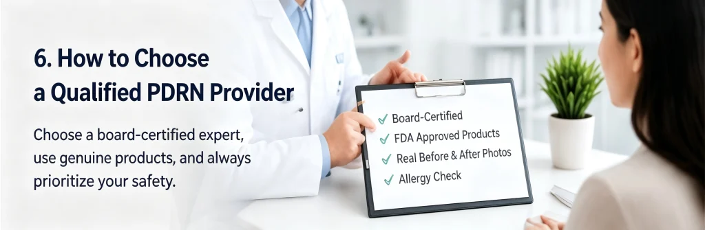 A board-certified medical professional showing a checklist on a clipboard for choosing a qualified PDRN provider, including FDA approved products and allergy checks.