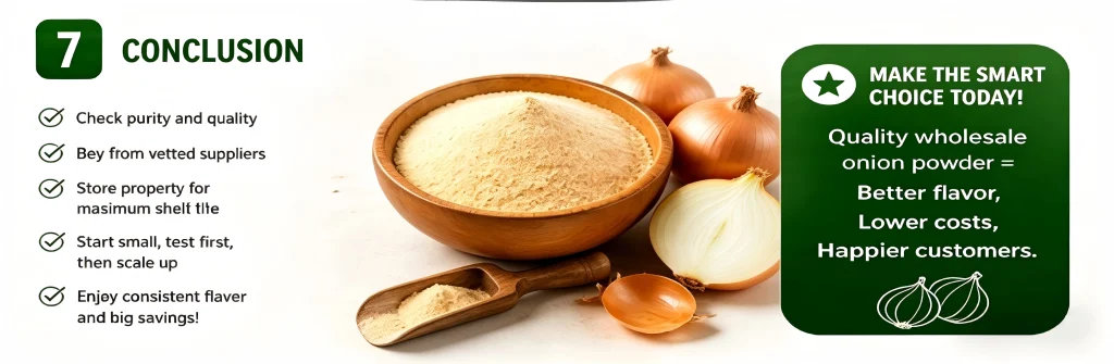 Summary of benefits for buying quality wholesale onion powder including better flavor, lower costs, and customer satisfaction.
