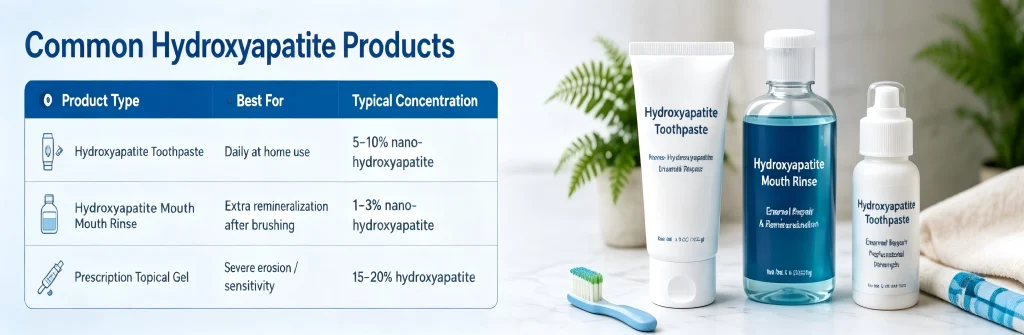 Comparison table of hydroxyapatite products including toothpaste, mouth rinse, and topical gel with typical concentrations.