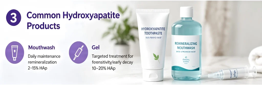 A product overview infographic showcasing common hydroxyapatite products used for remineralization. The left side features icons and text listing mouthwashes, gels, and toothpastes; the right side displays a high-quality photograph featuring beautifully packaged hydroxyapatite toothpaste tubes, mouthwash bottles, and a gel syringe fitted with a needle cap.