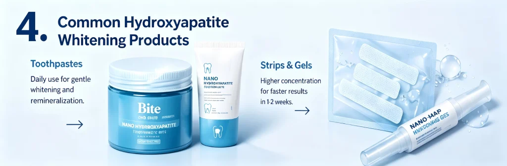 A comparison chart of common nano-hydroxyapatite whitening products: the left side features daily-use toothpastes designed for gentle whitening and stain removal (such as Bite toothpaste bits), while the right side showcases high-concentration, fast-acting teeth whitening strips and gels.