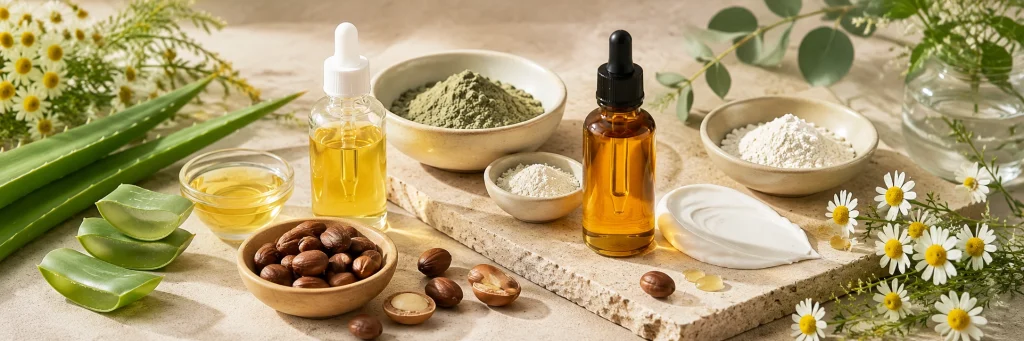Jojoba ýagy, argan ýagy, aloe wera, romaşka we mineral toýun ýaly umumy tebigy kosmetiki maddalar