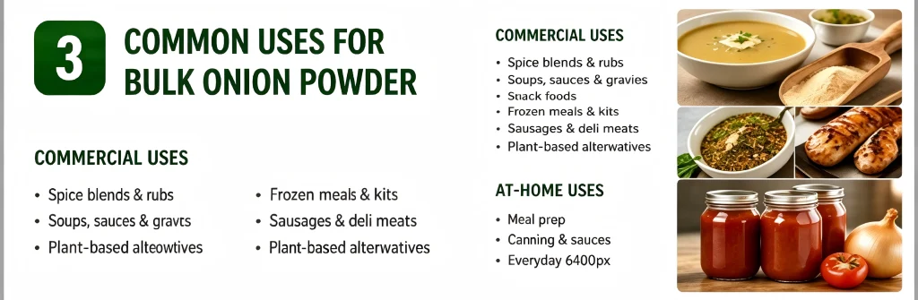 Commercial and at-home uses for bulk onion powder including spice blends, soups, and meal prep.