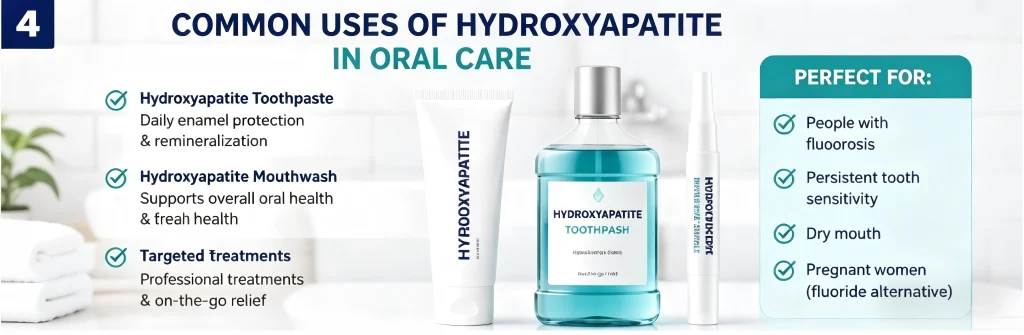 Common Oral Care Products Containing Hydroxyapatite (Toothpastes, Mouthwashes, and Topical Agents) and Their Suitability for Pregnant Women and Individuals with Sensitivities.