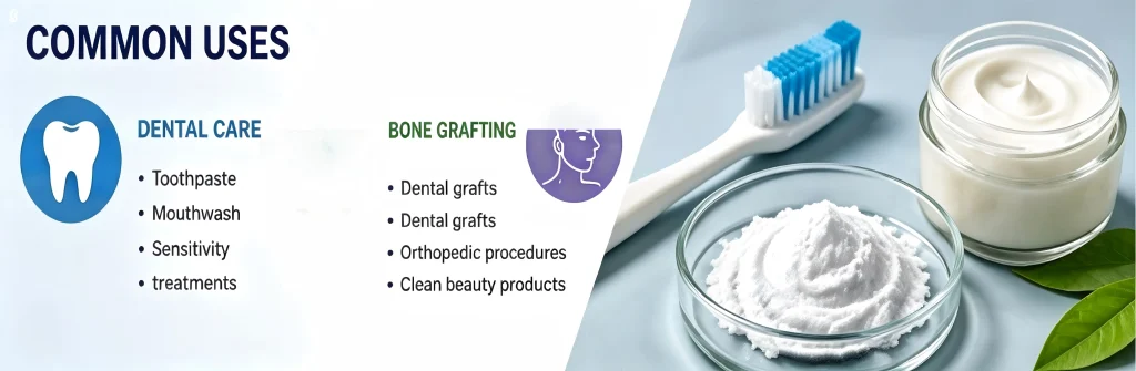 Graphic showing common uses of hydroxyapatite in dental care (toothpaste), bone grafting (dental grafts), and skincare (natural formulations).