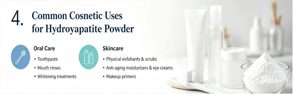 Common cosmetic applications of hydroxyapatite powder in toothpaste, mouth rinses, exfoliants, and anti-aging moisturizers.