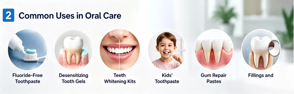 A guide to common uses of nano hydroxyapatite in oral care including fluoride-free toothpaste, teeth whitening kits, and kids' toothpaste.