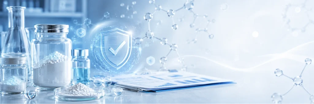 Cosmetic grade antioxidant enzyme quality control concept with raw material jars, lab documents and molecular graphics
