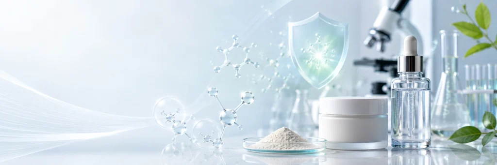 Cosmetic grade superoxide dismutase powder displayed with skincare serum and cream in a modern laboratory.