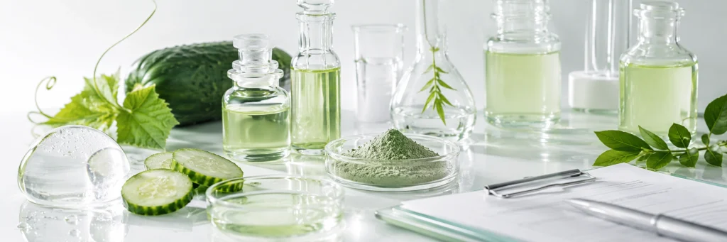 Cosmetic formulation scene with cucumber extract, glass beakers, serum drops and hydrating gel texture